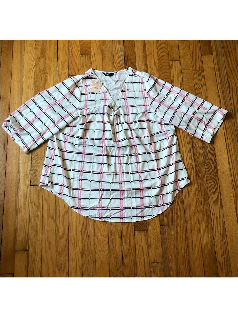 Bloomchic NWT White Pink Square Pattern Zip Front Blouse 3/4 Sleeve Size 18-20